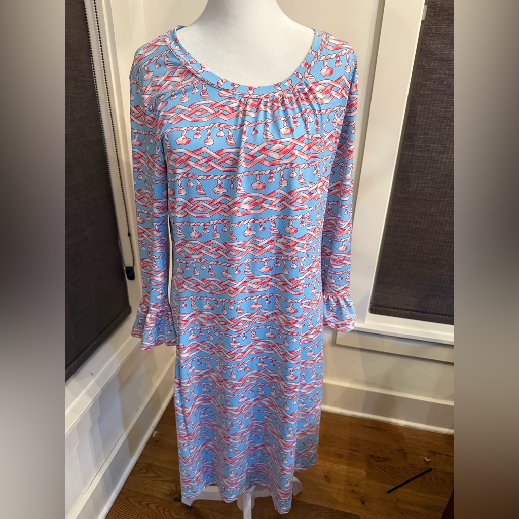 Barbara Gerwit. Long Sleeve Chain/Rope Print Dress. Periwinkle/Pink. Large